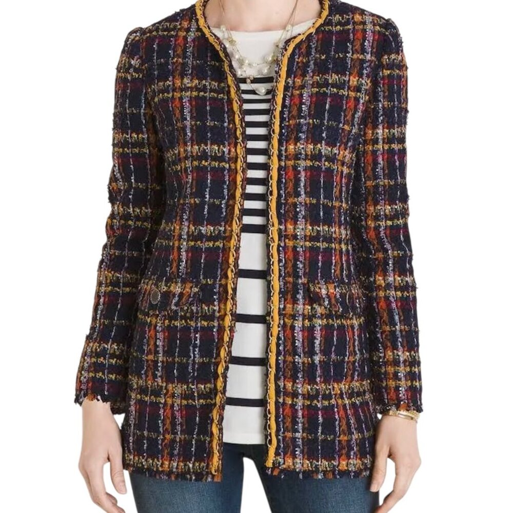 Chico’s Tweed Playful Plaid Mid Length Open Front Blazer Jacket NWT (4P)